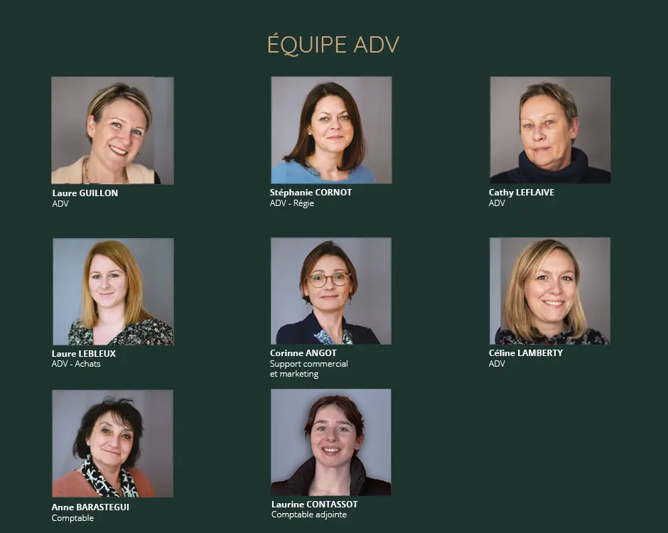 Équipe ADV : Laure GUILLON, ADV ; Stéphanie CORNOT, ADV - Régie ; Cathy LEFLAIVE, ADV ; Laure LEBLEUX, ADV - Achats ; Corinne ANGOT, Support commercial et marketing ; Céline LAMBERTY, ADV ; Anne BARASTEGUI, Comptable ; Laurine CONTASSOT, Comptable adjointe