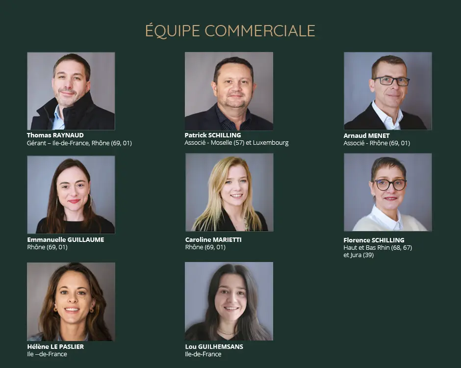Équipe commerciale : Thomas RAYNAUD, Gérant – Ile-de-France, Rhône (69, 01) ; Patrick SCHILLING, Associé - Moselle (57) et Luxembourg ; Arnaud MENET, Associé - Rhône (69, 01) ; Emmanuelle GUILLAUME, Rhône (69, 01) ; Caroline MARIETTI, Rhône (69, 01) ; Florence SCHILLING, Haut et Bas Rhin (68, 67) et Jura (39) ; Hélène LE PASLIER, Ile-de-France ; Lou GUILHEMSANS, Ile-de-France